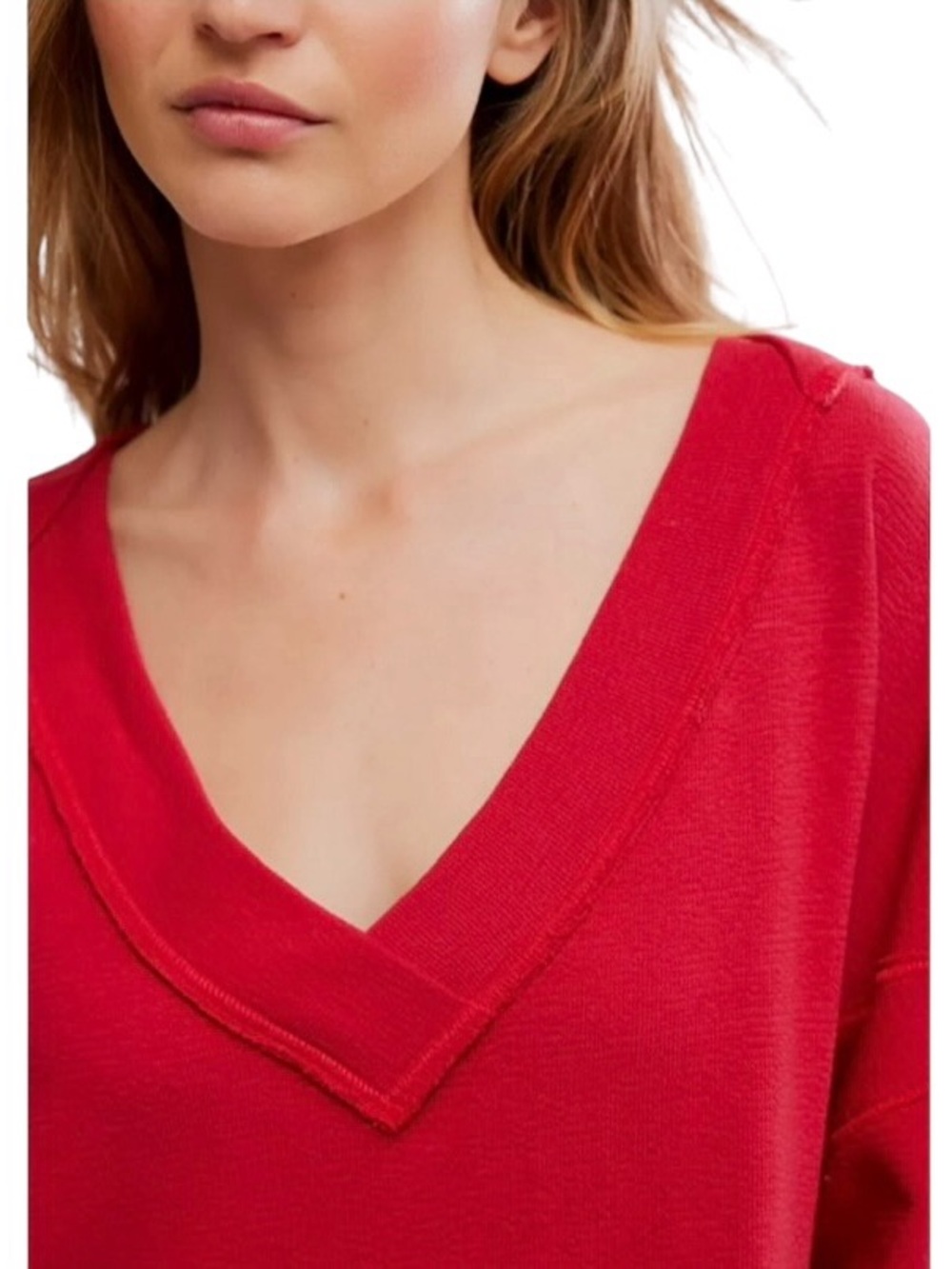 Free People Staycation V-Neck Pullover Lounge Top Sweatshirt L Cherry Red 🍒 - Picture 2 of 11